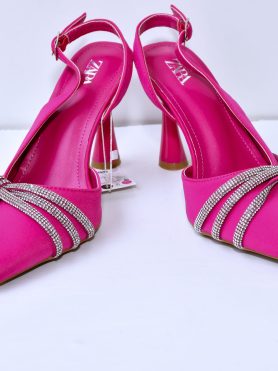 ZARA Crystal-Knot Satin Slingback Heels – Fuchsia Pink