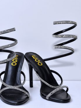 EGO Black Stiletto Spiral Wrap Rhinestone Strappy Heels.