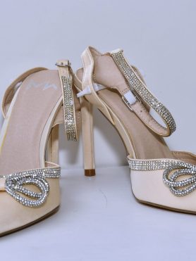 Elegant Satin Ankle-Strap Heels with Crystal Bow – Champagne Nude