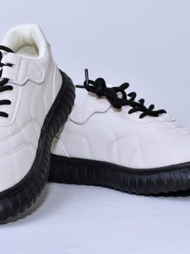 White Casual Sneakers With Black Sole and Laces