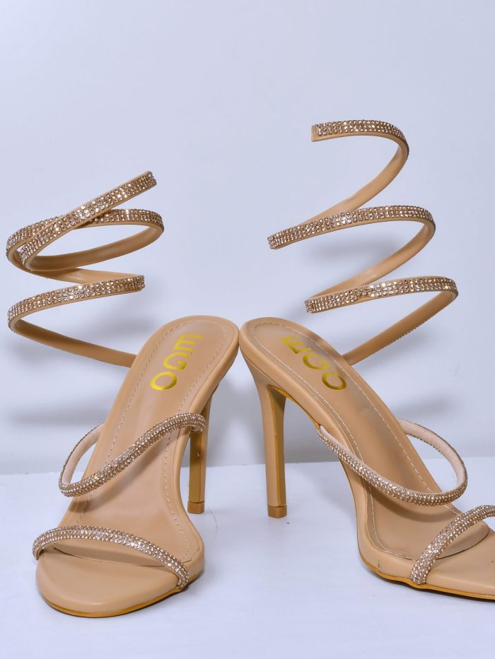 LuxeTwist Beige Rhinestone Ankle Strap Heels