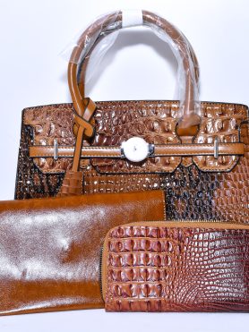 Classic Brown Elegance Crocodile-Texture Handbag Set