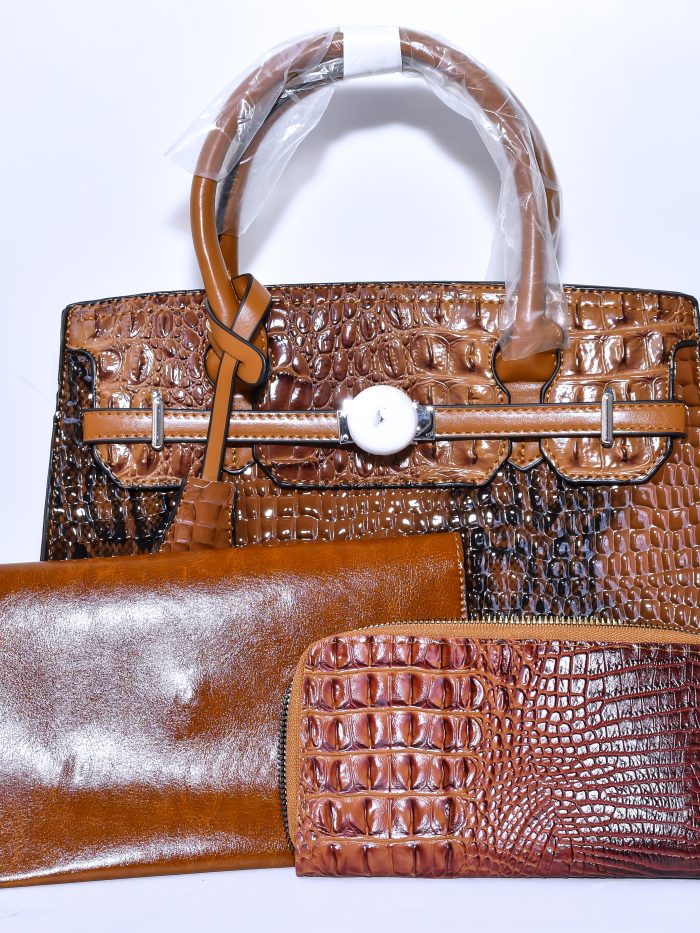 Classic Brown Elegance Crocodile-Texture Handbag Set