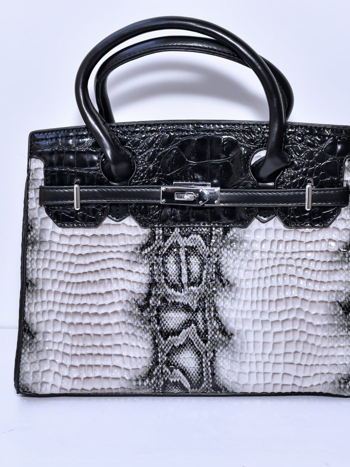 Monochrome Chic Crocodile-Texture Handbag