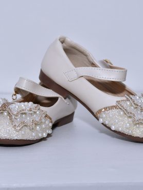 White Kids' Formal Shoes with Pearl and Bead Decoration