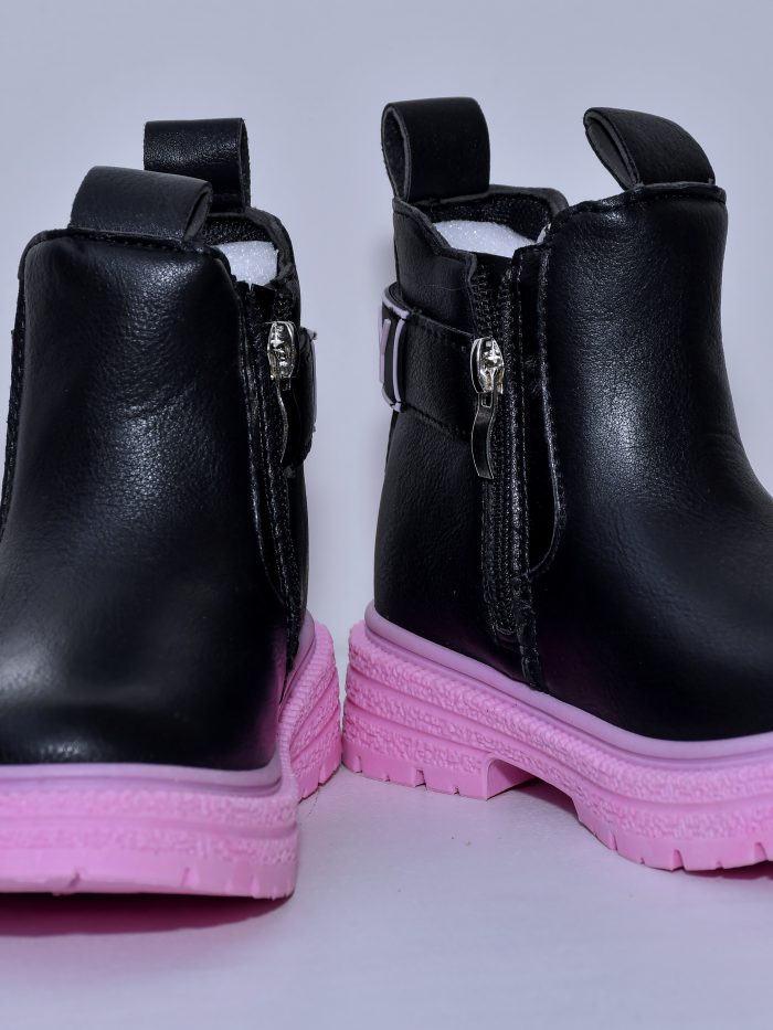 Kids' Black Ankle Boots with Pink Sole