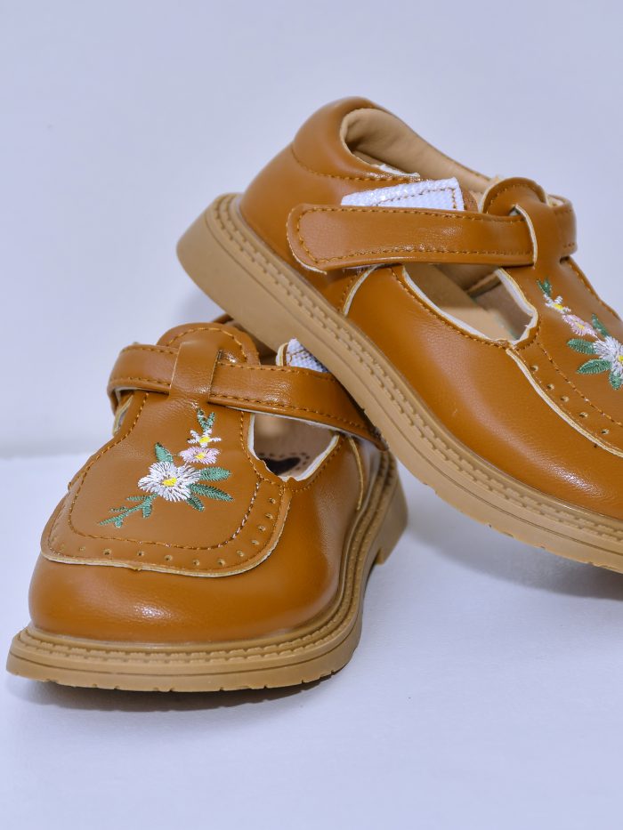Tan Leather Girls' Sandals with Floral Embroidery
