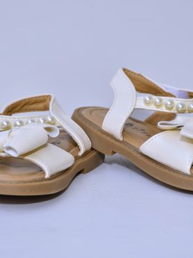 White Girls' Sandals with Bow and Pearl Detail