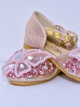 Pink Glittery Kids' Shoes with Butterfly Design and Gemstone Embellishments