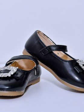 Black Leather Toddler Shoes with Rhinestone Buckle
