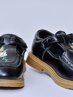 Black Leather Toddler Shoes with Floral Embroidery