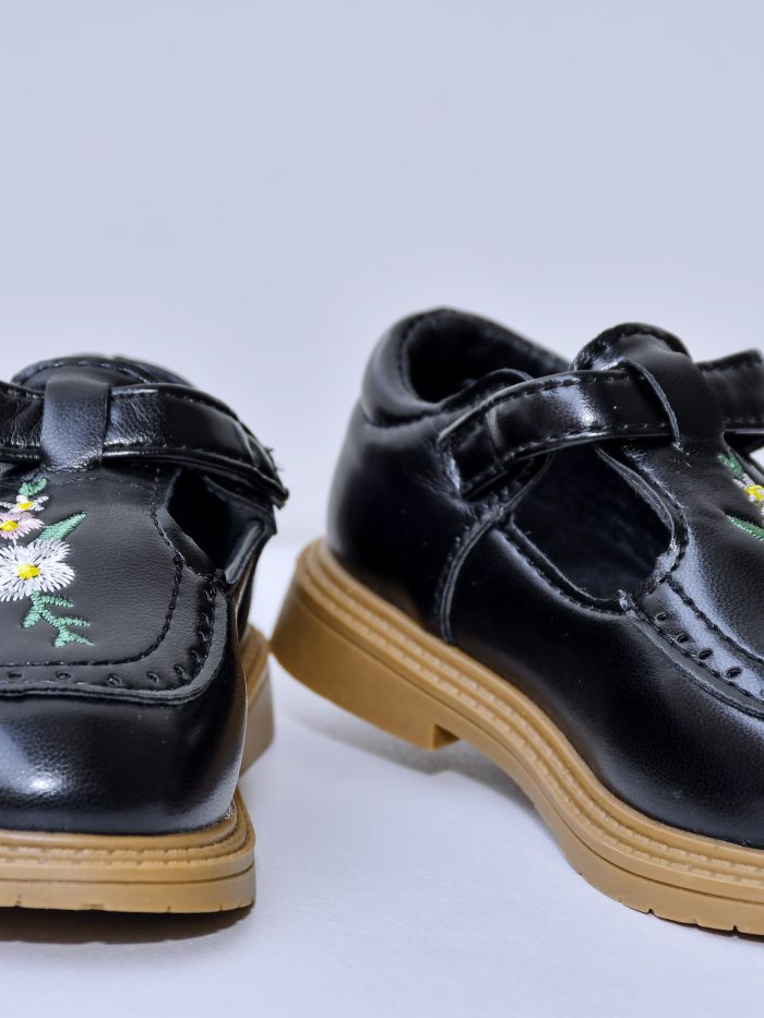 Black Leather Toddler Shoes with Floral Embroidery