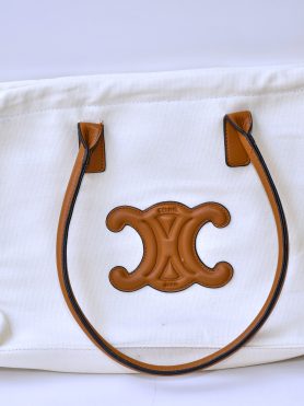 Celine White Canvas Tote Bag with Brown Leather Accents