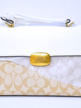 Coach Beige Monogram Canvas and White Leather Flap Handbag with Gold Clasp