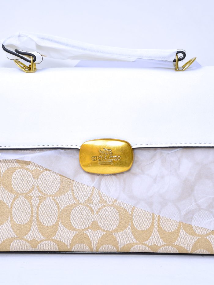 Coach Beige Monogram Canvas and White Leather Flap Handbag with Gold Clasp
