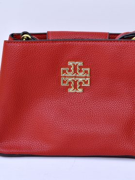 Stylish Red Leather Handbag with Gold Logo Accent