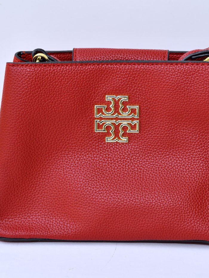 Stylish Red Leather Handbag with Gold Logo Accent