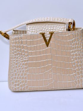 Beige Crocodile Print Handbag with Gold "V" Hardware