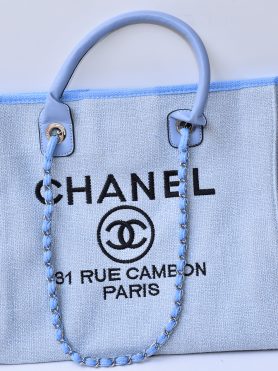 Light Blue CHANEL Canvas Tote Bag