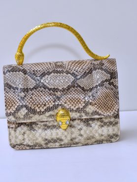 Snake-Print Handbag with Gold Snake Handle