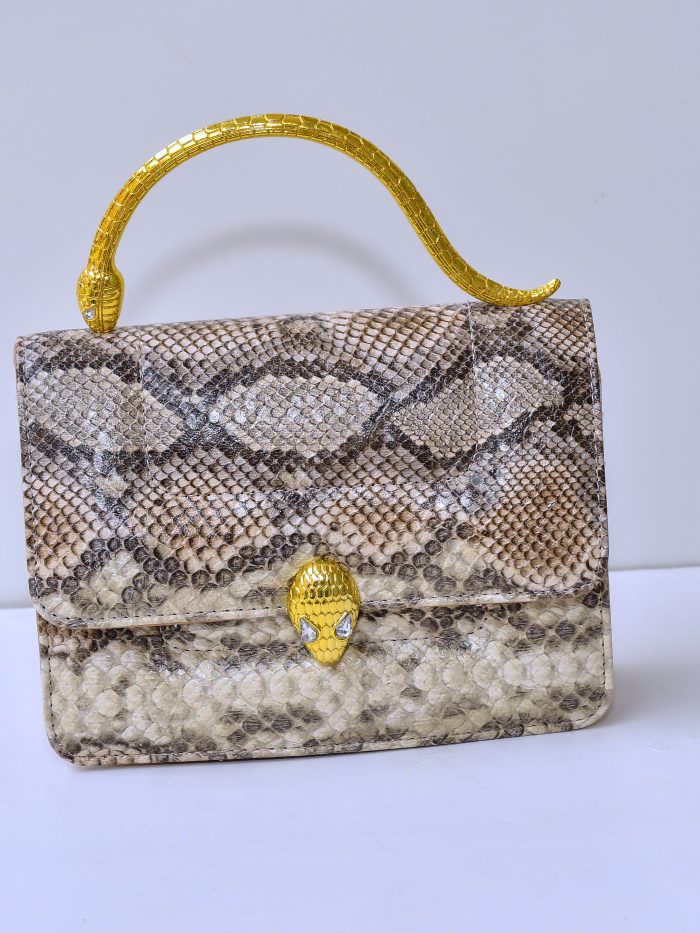Snake-Print Handbag with Gold Snake Handle
