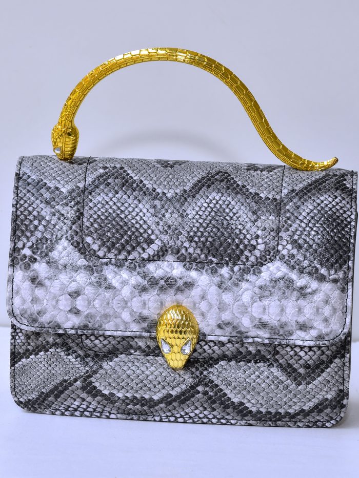 Snake Print Handbag with Golden Snake Handle