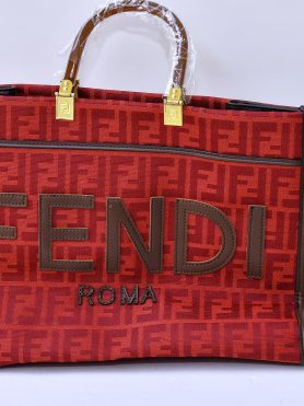 Fendi Roma Red Tote Bag with Brown Leather Handles