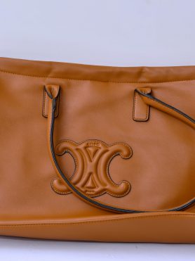 Tan Leather Handbag with Embossed Logo
