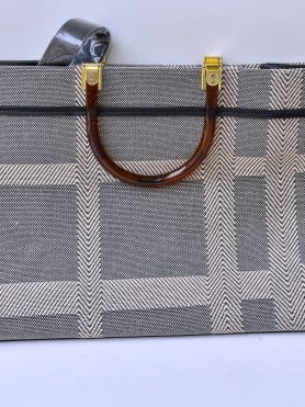 Herringbone Pattern Canvas Tote Bag with Tortoise Shell Handles