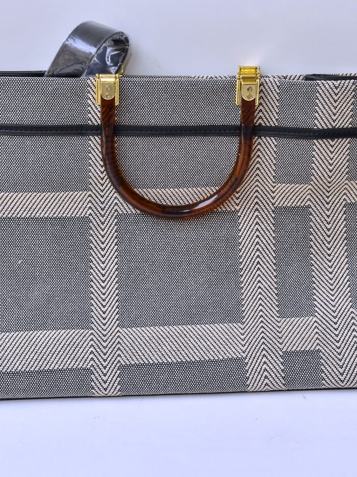 Herringbone Pattern Canvas Tote Bag with Tortoise Shell Handles