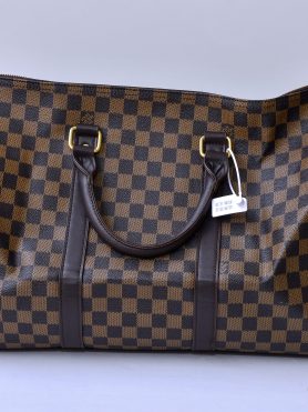 Brown Checkerboard Pattern Travel Duffel Bag with Leather Handles