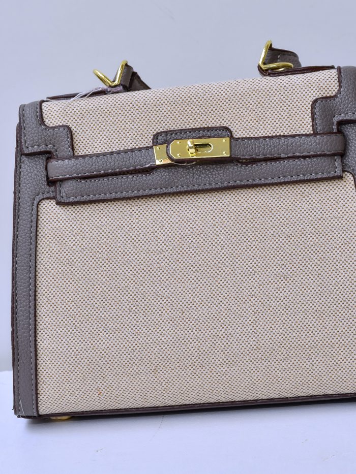 Beige and Brown Structured Handbag with Gold Lock Closure