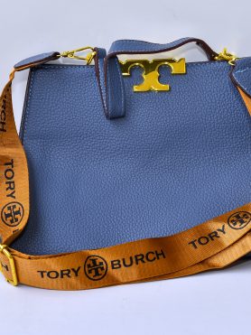 Blue Leather Handbag with Gold Logo and Tory Burch Strap