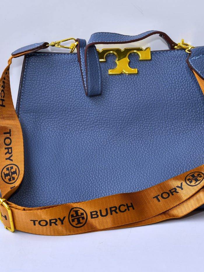 Blue Leather Handbag with Gold Logo and Tory Burch Strap