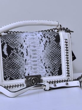 Chanel White and Black Python-Print Leather Handbag with Chain Detail
