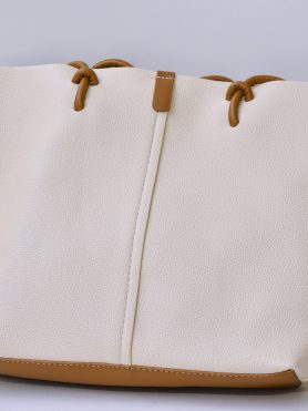 Cream Leather Tote Bag with Brown Leather Drawstring Handles