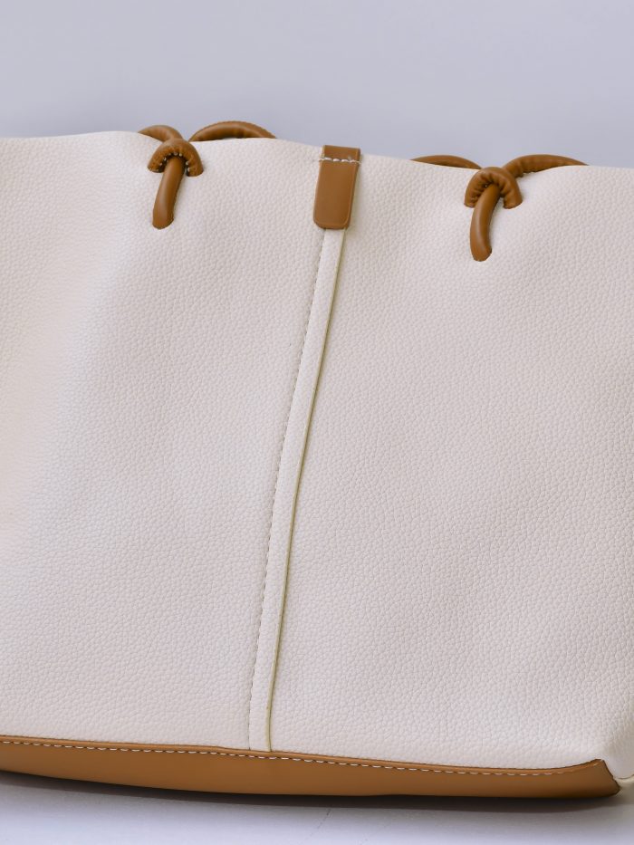 Cream Leather Tote Bag with Brown Leather Drawstring Handles
