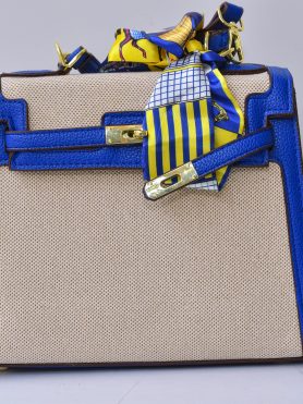 Blue and Beige Handbag with Scarf Accent