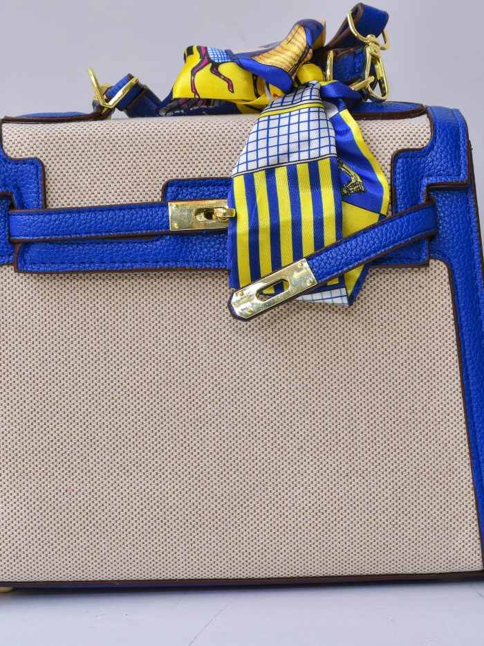 Blue and Beige Handbag with Scarf Accent