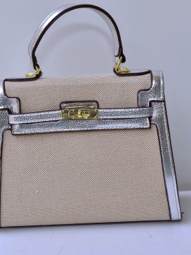 Elegant Beige Handbag with Silver Trim and Gold Lock