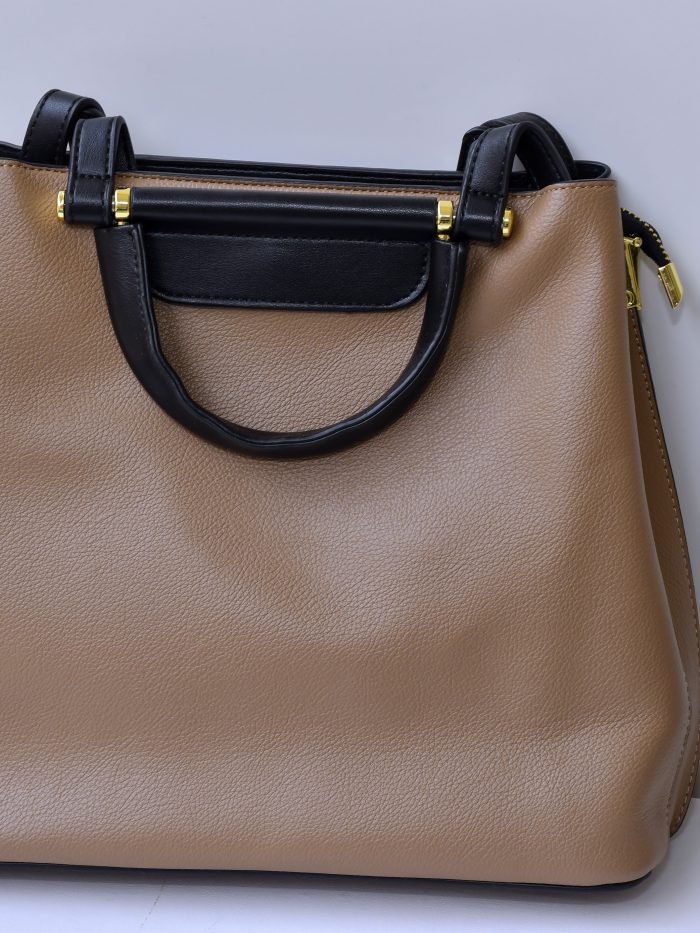 Beige and Black Handbag with Gold-tone Hardware