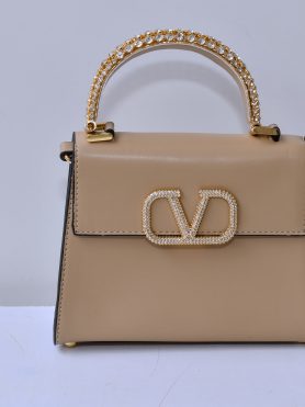 Beige Valentino Handbag with Crystal-Embellished 'V' Closure
