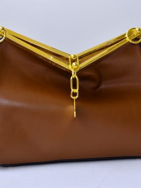 Brown Leather Handbag with Gold Metal Detailing