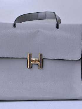 Grey Leather Handbag with Gold 'H' Closure