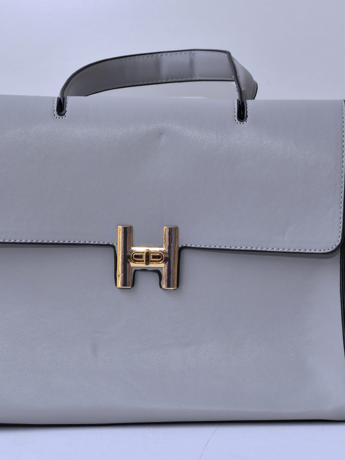 Grey Leather Handbag with Gold 'H' Closure