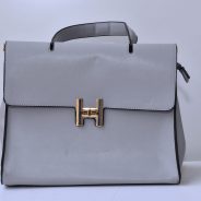 Grey Leather Handbag with Gold 'H' Closure