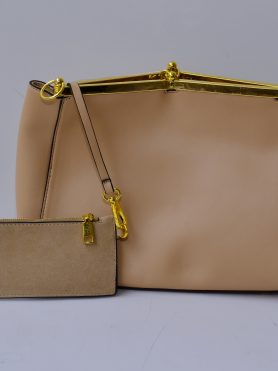 Beige Leather Handbag with Gold Hardware and Matching Pouch