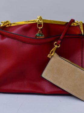 Red Leather Handbag with Attached Pouch