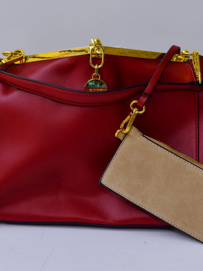 Red Leather Handbag with Attached Pouch