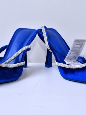 Velvet Blue Rhinestone Strap Heels